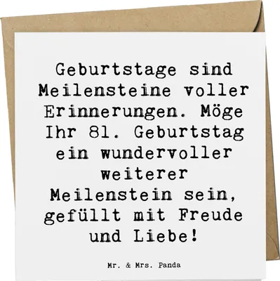 Produktbild von Mr. & Mrs. Panda Grußkarte Spruch 81. Geburtstag Meilenstein - Weiß - Geschenk, anlasskarte, Glückwunschkarte, Erinnerungen, persönliche Geschenke, Klappkarte, Alter