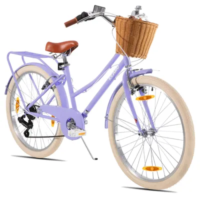 Image de KEANO, vélo pour enfant avec roues stabilisatrices, disponible en 20 ou 24 pouces, cadre en acier, idéal pour les filles, 7 vitesses, avec panier et porte-bagages