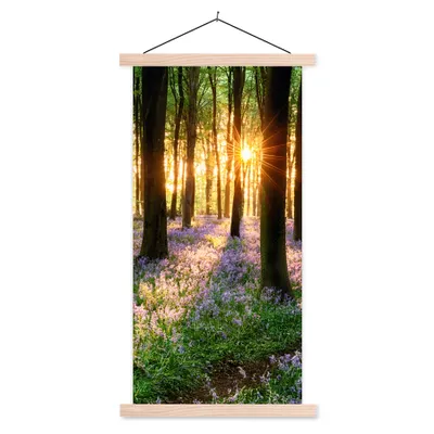 Produktbild von MuchoWow® Textilposter Wald - Blumen - Lavendel - Sonne - Lila - Natur 60x120 cm mit holzfarbenen Rahmen - Holz