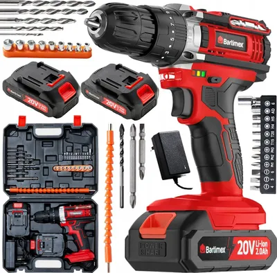 A collection of power tools and accessories, including a drill, batteries, bits, and a carrying case, arranged on a white background.