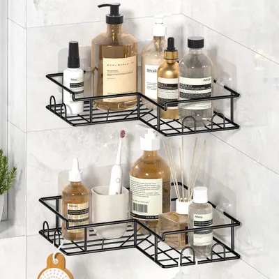 Image de Étagère d'angle pour salle de bain Blendura, lot de 3, étagère de douche sans perçage, organisateur de douche avec adhésif pour ranger shampoing et gel