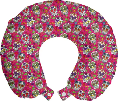 Produktbild von ABAKUHAUS Zuckerschädel Reisekissen Nackenkissen, Zuckerschädel-Blumen, Schaumstoff Reiseartikel für Flugzeug und Auto, 30x30 cm, Pink Lila Grün