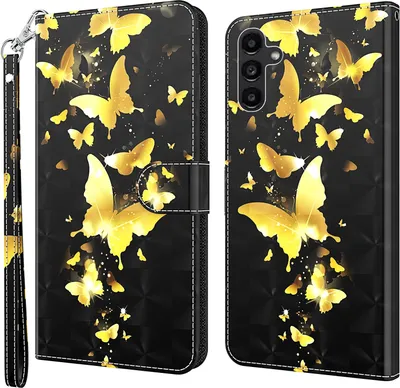 Produktbild von CLM-Tech Hülle kompatibel mit Samsung Galaxy A54 5G - Tasche aus Kunstleder - Klapphülle mit Ständer und Kartenfächern, Schmetterlinge gold schwarz