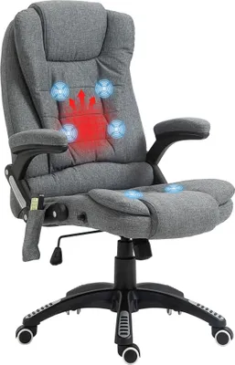 Zdjęcie produktu dla Fotel biurowy Vinsetto z funkcją masażu. Ergonomiczny fotel gabinetowy z funkcją podgrzewania, odchylania i bujania. Regulowana wysokość, obrotowy o 360°. Fotel komputerowy z kieszenią boczną, imitacja lnu, szary.