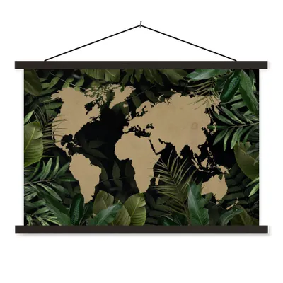 Produktbild von MuchoWow® Textilposter Weltkarte - Blätter - Braun 120x80 cm mit schwarzem Rahmen - Wanddeko