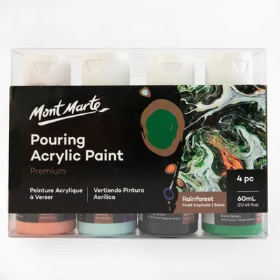Produktbild von Mont Marte Bastelfarbe PREMIUM Pouring Acrylfarbe, Gieß-Acryl, je 4 x 60 ml, Farbe Rainforest, Untereinander vermischbar & mit Medium vorgemischt