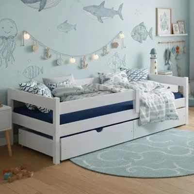 Produktbild von MEBLE WRÓBEL Kinderbett 80x180 cm mit 2 Schublade, Rausfallschutz und Lattenrost - Kinder Bett Montessori - Jugendbet aus Kiefer Massivholz in Weiß - Einzelbett ohne Matratze
