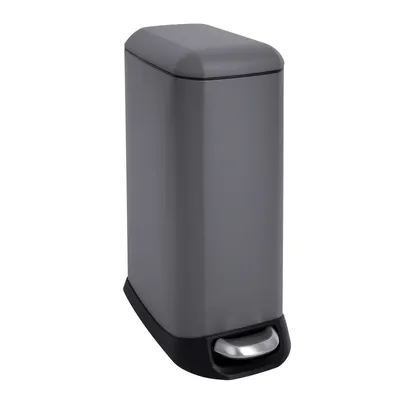 A gray pedal trash can with a black base and a silver pedal, shown against a white background.