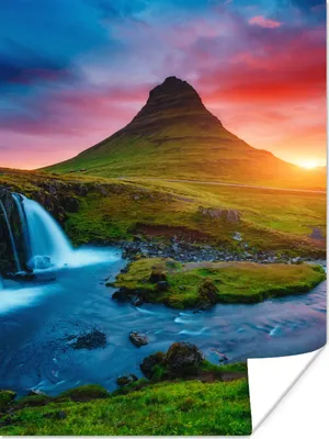 Produktbild von MuchoWow® Poster Wasserfall - Berg - Moos - Sonnenuntergang - Natur 120x160 cm - Wandbilder