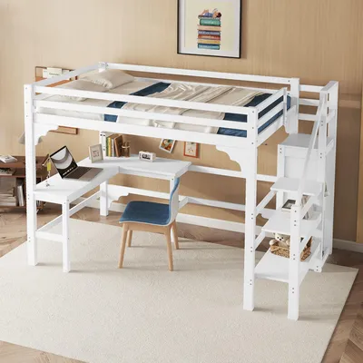Produktbild von Hochbett mit L-Förmigem Schreibtisch und Kleiderschrank, Kiefernholz, Weiß, Minimalistisch 140x200