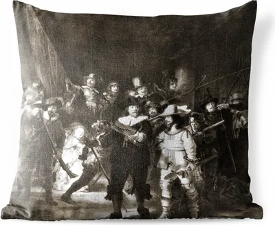 Produktbild von MuchoWow® Outdoor Kissen - Die Nachtwache in Schwarz und Weiß - Gemälde von Rembrandt van Rijn - 50x50 cm - Wetterfest - Lounge Kissen - Komfortabel - Kissen mit Bild