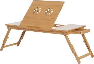 Image de Table pour ordinateur portable en bambou - Table de lit - Réglable - Pliable - Plateau inclinable - Rectangulaire - Portable - Bambou naturel - Jaune
