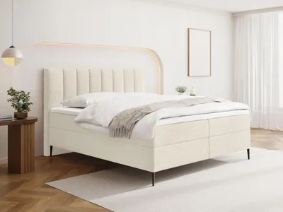 Produktbild von Boxspringbett mit Bettkasten – Polsterbett 160 x 200 cm mit H4 Taschenfederkern 7-Zonen Matratze & 5 cm Topper – Stauraumbett mit hohem Kopfteil & Metallfüße – Boucle Creme