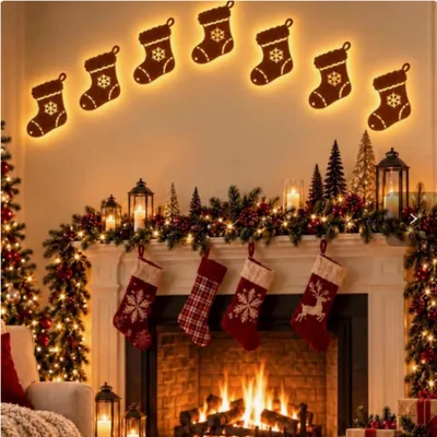 Image de 7 pièces de décoration murale pour Noël, éclairées et avec télécommande. Décorations de Noël en bois