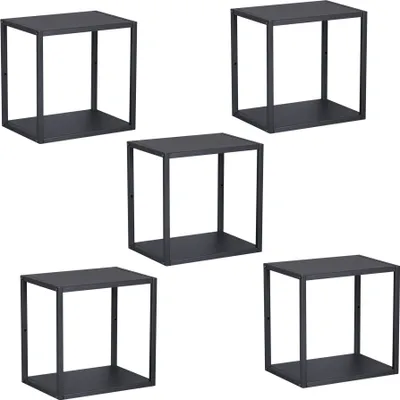 A set of five identical black cube-shaped shelves arranged in a grid.