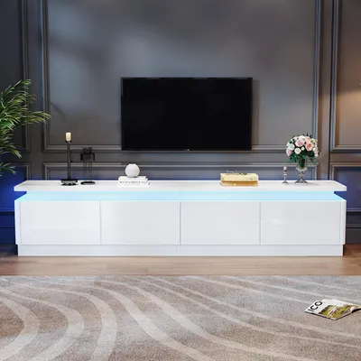 Obrázek produktu pro TV stolek 180x34x40 cm se 4 zásuvkami, LED osvětlením, bílý lesklý televizní stolek z dřevotřísky do obývacího pokoje