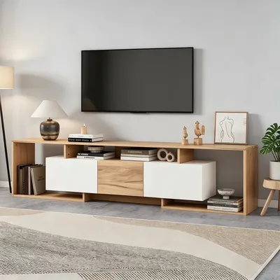 Produktbild von TV-Schrank mit 2 Klapptüren und 3 offene Lagerflächen TV-Tisch TV-Ständer TV Board für TVs bis 85 Zoll 180x30x49cm Weiß+Naturholz