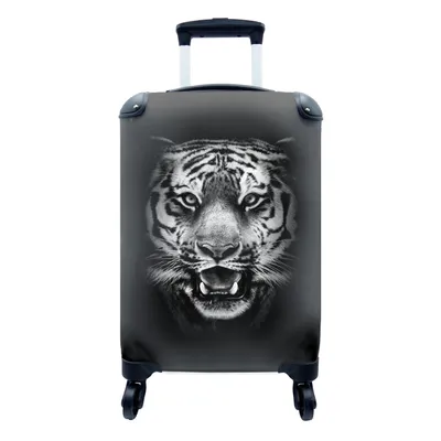Produktbild von MuchoWow® Koffer Handgepäck Trolley Rollkoffer Kleine Reisekoffer mit 4 Rollen - Tigerkopf vor schwarzem Hintergrund - schwarz und weiß - Cabin Size < 55x40x23 cm & 55x40x20 cm - Fotokoffer - Kabinenkoffer - Boardgepäck - Reise-Box - Reisekoffer - Reisegepäck - Koffer mit Bild - Trolley für Kinder
