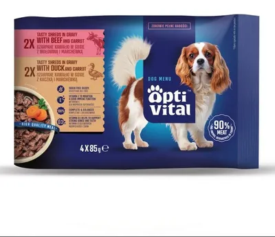 Obrázok produktu pre OPTIVITAL Chutné kúsky s hovädzím a kačacím mäsom v omáčke – vlhké krmivo pre psov – 4x85 g