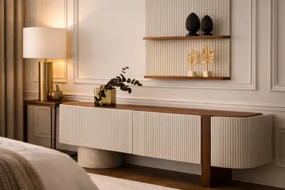 Image de Meuble TV bas moderne avec étagère murale en MDF, au design élégant