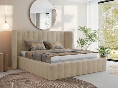 Produktbild von MKS Meble Premium Polsterbett GOLETTA CLASSIC mit Bettkasten & Stauraum 160 x 200 cm, Gasdruckfedern, Inkl. Lattenrost, Modernes Design Ehebett, Pocket Matratze - VIRE LUX - Creme Plüsch