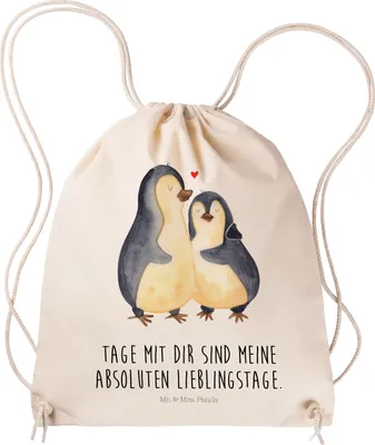 Produktbild von Mr. & Mrs. Panda Jutebeutel Pinguin umarmen - Transparent - Geschenk, Paar, Hochzeitsgeschenk, Hochzeitstag, Baumwollbeutel, Sportbeutel, wander rucksack, Stoffbeutel