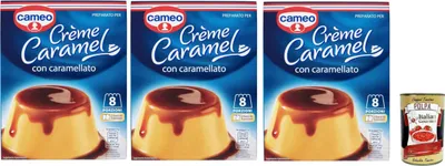 Produktbild von Cameo Crème Caramel Mix mit karamellisiertem, leicht zuzubereitendem Dessert, enthält 2 Beutel Dessertmix und 2 Beutel karamellisiertes, 8 Portionen, 3x 200 g + Italian Gourmet polpa 400g