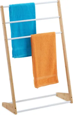 Produktbild von Relaxdays Handtuchhalter stehend, 3 Handtuchstangen, Bad, Schlafzimmer, HBT: 98 x 62 x 30 cm, Bambus & Eisen, natur/weiß