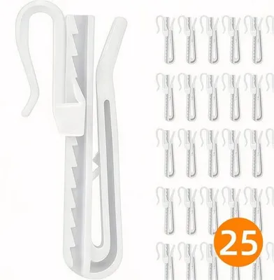Zdjęcie produktu dla Unyqoos® BOTC – 25 sztuk, regulowane haczyki do zasłon – plastik, 8,5 cm, białe – regulowane haczyki do taśmy i szyny zasłon