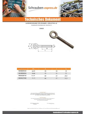 Produktbild von Augenschraube für Spannwirbel Auge 11 Edelstahl A2 8x60