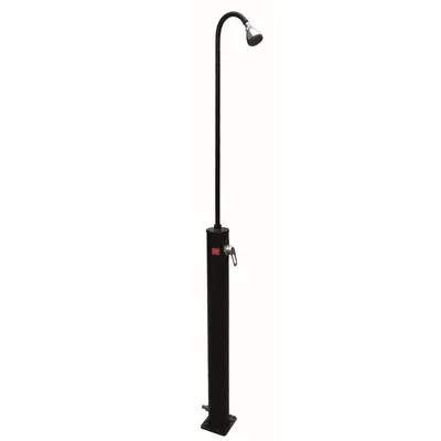 A black outdoor shower with a silver shower head and a foot pedal.