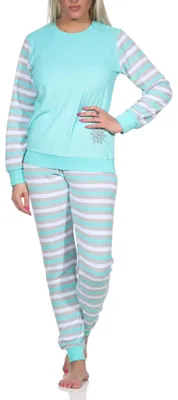 Produktbild von Geringelter Damen Frottee Schlafanzug langarm Pyjama mit Eiskristall ; mint , 44-46