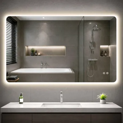 Produktbild von GIMBELEN LED-Badspiegel, 100 x 60 cm, 3 Lichtfarben, dimmbar, Touch-Schalter, IP44, Silber