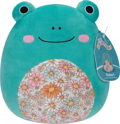 A teal frog plush toy with a floral belly and a product tag.