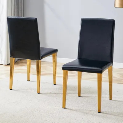 Produktbild von 2er-Set Esszimmerstühle, schwarzes Kunstleder, goldene Metallbeine, minimalistisch, 90 cm