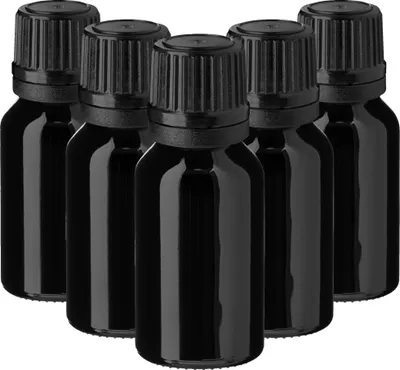 Produktbild von 5x Schwarze Glasflasche 15 ml mit schwarzem Tropfer Tropfeinsatz leer
