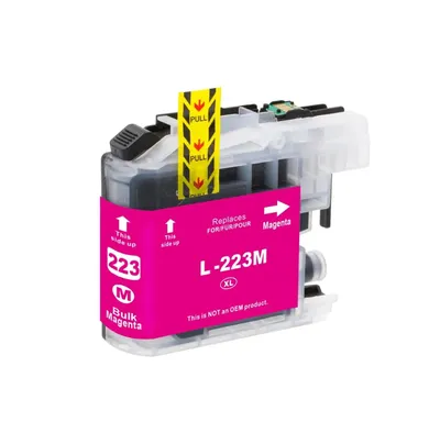 A magenta ink cartridge with pull tabs and text labels.