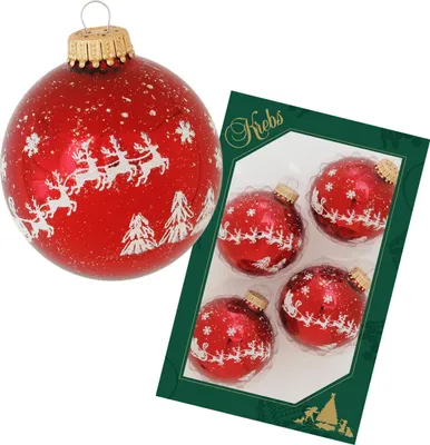 Produktbild von Krebs Glas Lauscha Weihnachtsbaumkugeln 4er Set - Rot mit Sternen und Rentieren - aus Glas - ca. 7 cm