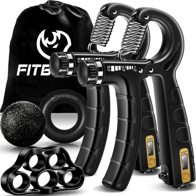 Produktbild von Handtrainer Trainingsset für Gripkraft und Stressverringerung - 2 Unterarmgriffe, Fingerstrecker und Gripball
