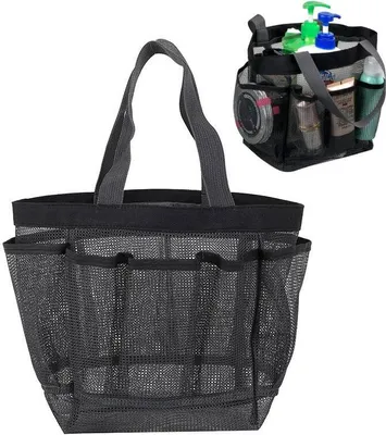 Produktbild von Tragbarer Duschkorb aus Netzstoff, Duschtasche mit 8 Taschen und Tragegriff, Mesh Strandtasche Waschtasche Organizer Hängetasche für Reisen Wohnheim, Grau