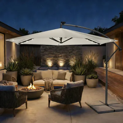 Produktbild von SONGMICS Ampelschirm 350 cm, mit Beleuchtung,  UV-Schutz UPF 50+, Sonnenschirm mit Ständer, für Garten Terrasse, Kurbel, beige