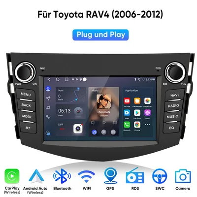 Immagine prodotto di Autoradio Android da 7” per Toyota RAV4 (2006-2012) – 2 GB + 64 GB con telecamera di retromarcia, navigatore GPS, Wi-Fi, Bluetooth, DAB+, SWC, USB, DSP, FM