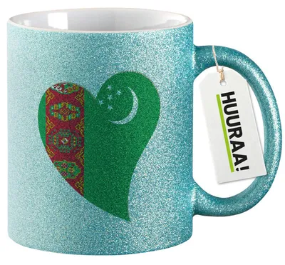 Produktbild von Huuraa Glitzertasse Turkmenistan Flagge Herz 330ml Blau Keramik Kaffeebecher Geschenkidee