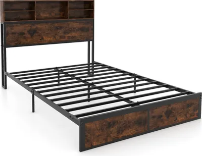 A product shot of a bed frame with a headboard featuring storage shelves.