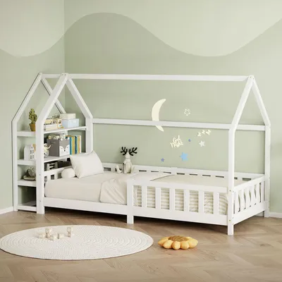 Produktbild von ML-Design Kinderbett 90x200cm mit Rausfallschutz, Regal, Dach & Lattenrost Weiß Montessori Bodenbett aus massivem Kiefernholz Hausbett Bettenhaus