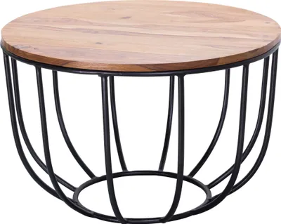 A round coffee table with a wooden top and a black metal wire base.