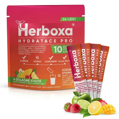 Image de Boisson électrolytique Herboxa Hydration Pro – Poudre isotonique, 24 sachets de 7 g – Assortiment de saveurs : citron-citron vert, framboise, mangue, pomme
