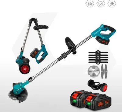 Produktbild von Akku-Rasentrimmer, Akku-Unkrautvernichter mit 2 Akkus, Rasenkantenschneider, leichter Freischneider für Garten und Hof, mit Rädern schiebbar