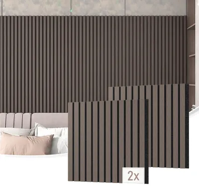Zdjęcie produktu dla YARDIN Drewniane panele akustyczne MDF, zestaw 2 szt., 60 x 60 cm, 0,72 m², panele akustyczne, płyty dźwiękochłonne, okładzina ścienna, salon, biuro, kino domowe, kolor orzechowy