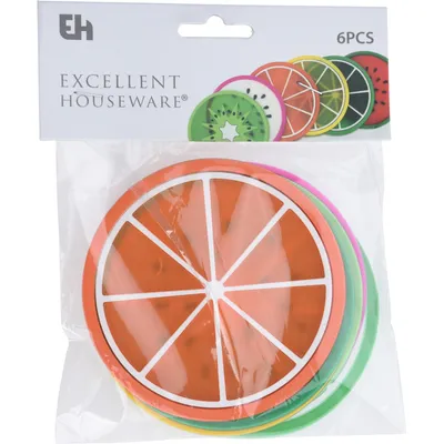Productafbeelding van Uitstekende onderzetters, onderbordjes, coasters voor bekers, glazen, fruitschijfjes, met een fruitmotief, set van 6 stuks, 8,5 cm